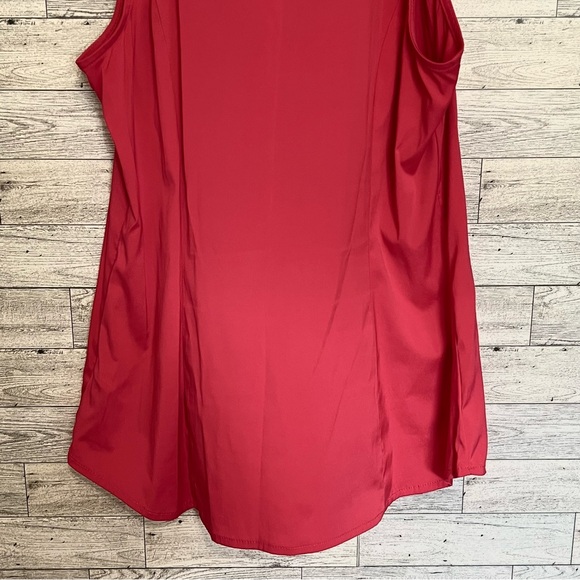 Express Elite Stretch Red Sleeveless  Ladies Jabot Top with Sheer Front Ruffle - Picture 12 of 13